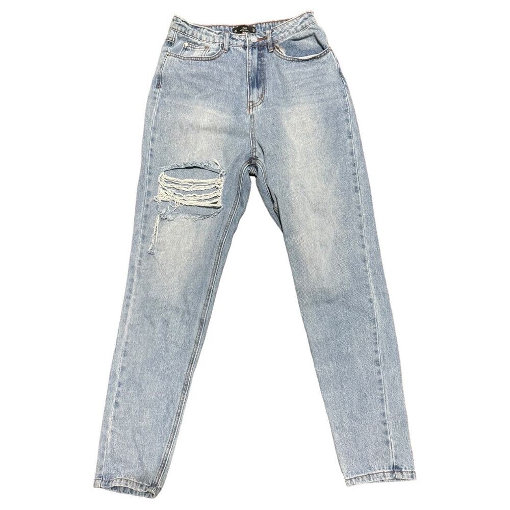 Missguided Riot High Rise Mom Jeans Distressed Light Wash Size 4R